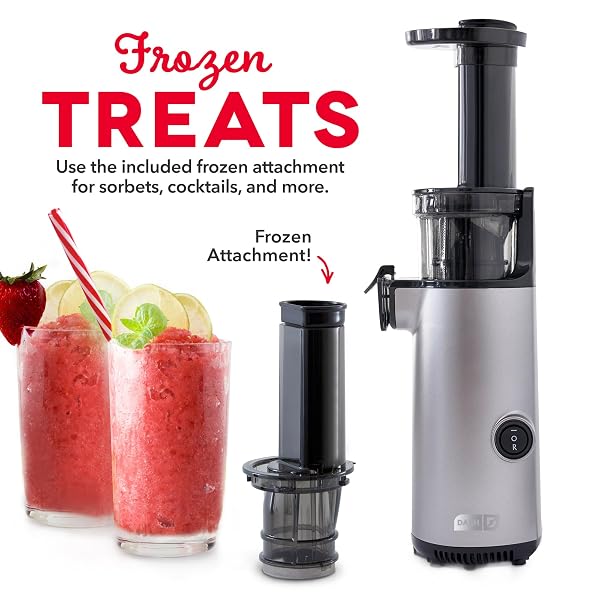 DASH DELUXE COMPACT COLD PRESS JUICER – SLOW MASTICATING JUICER MACHINE FOR FRUITS AND VEGETABLES WITH FROZEN ATTACHMENT – EASY TO CLEAN JUICE PRESS FOR HOME COUNTERTOPS – GRAPHITE