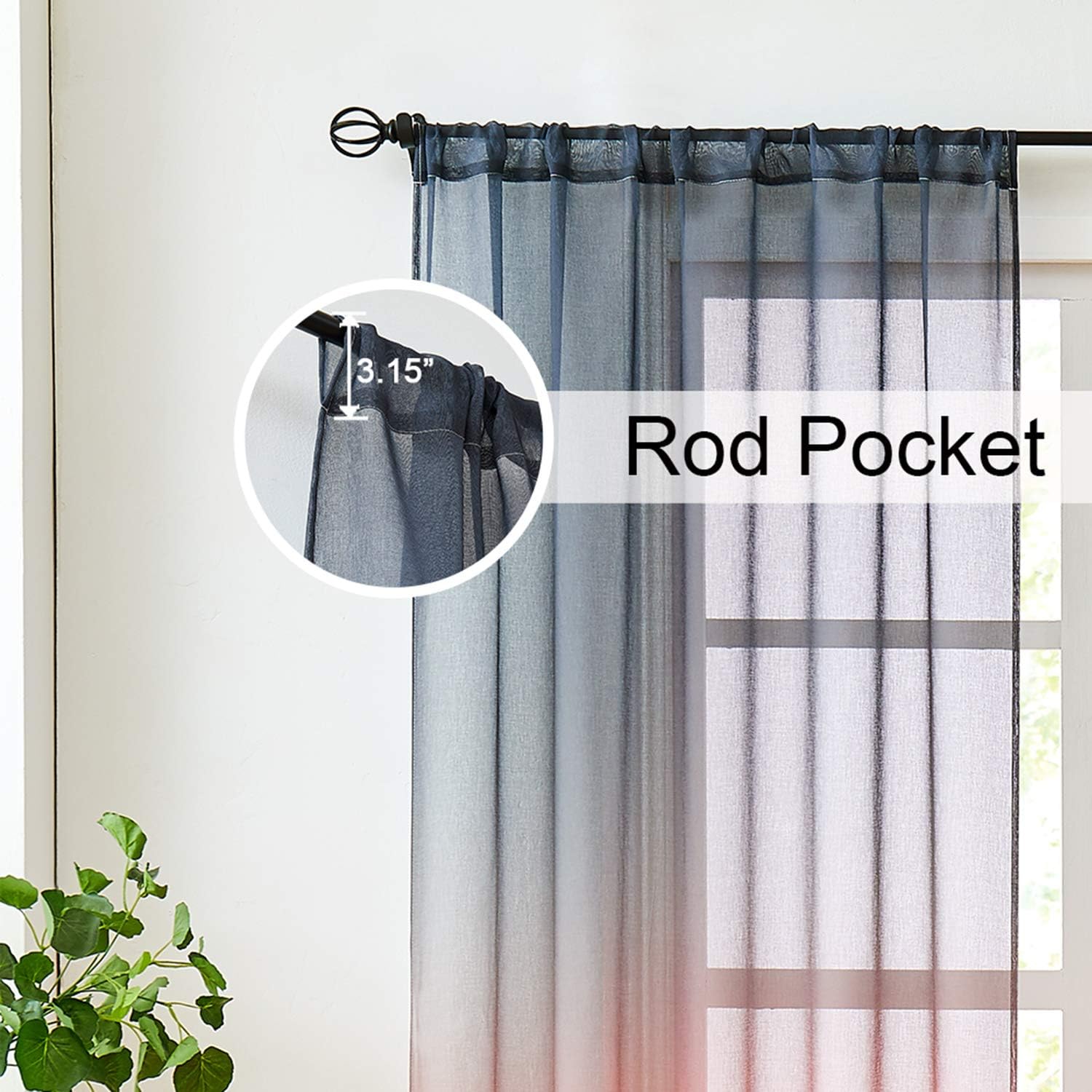 Faux Linen Ombre Sheer Curtains Coral and Black 2 Tone Reversible Rod Pocket for Bedroom Living Room, Privacy and Light Filtering Semi Sheer Gradient Window Curtain Pair, Set of 2 Panels: Kitchen & Dining