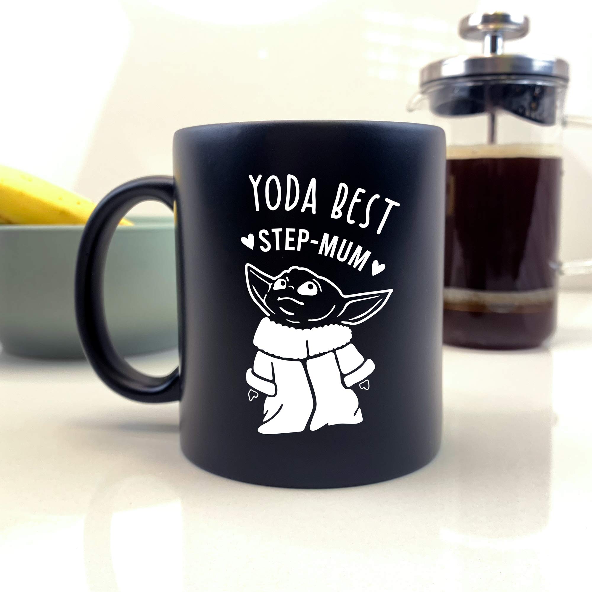 eBuyGB Personalised Coffee Mug, Matt Black Baby Yoda Mug, 350ml Star Wars Themed Tea Cup, Gifts for Her (Yoda Best Step-Mum)
