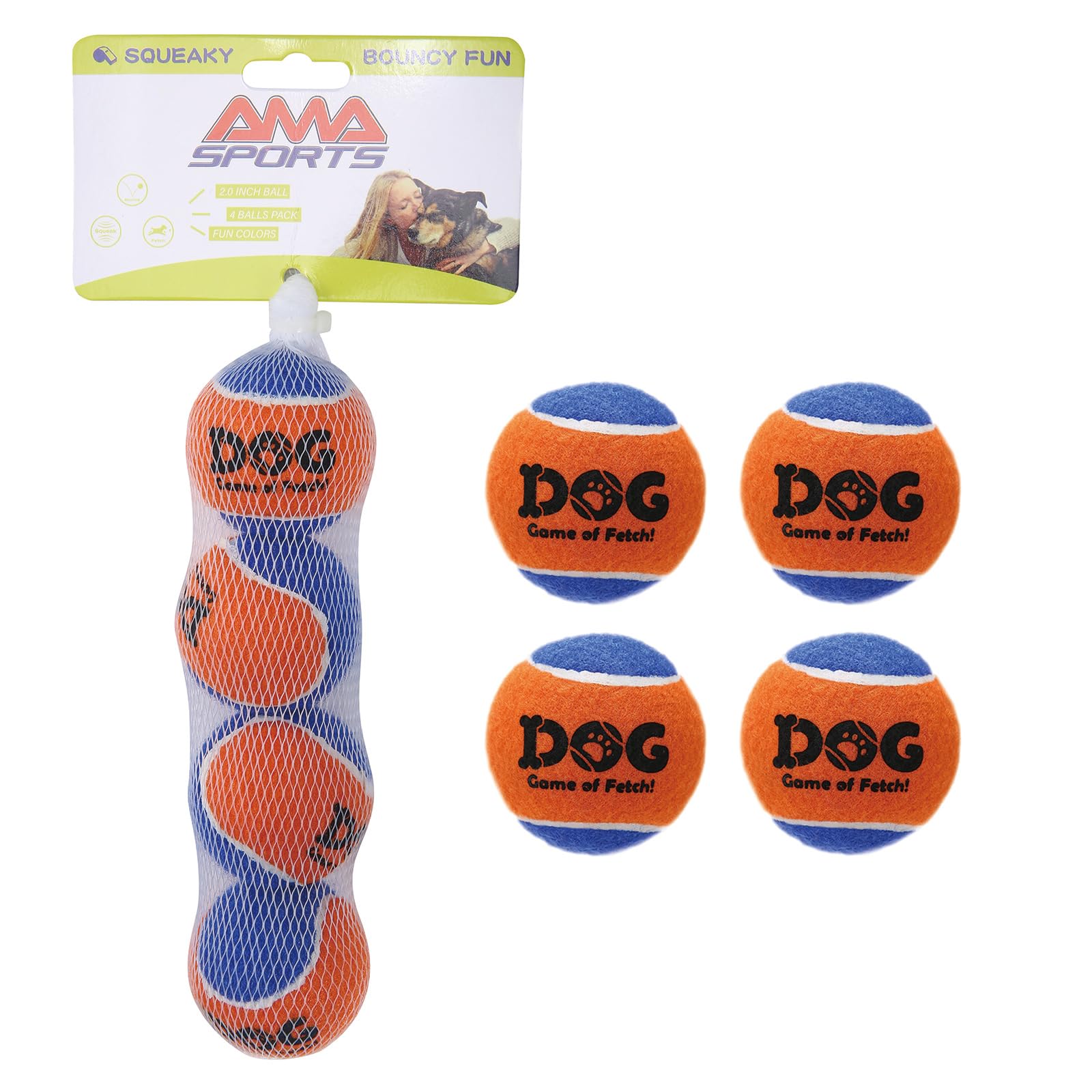 Photo 1 of AMA SPORT Squeaky Tennis Balls for Dogs 2.0" Small Dog Tennis Balls for Throwing and Fetching Dog Toys for Training, Exercise, High Bouncing 4 Pack (Orange Blue)