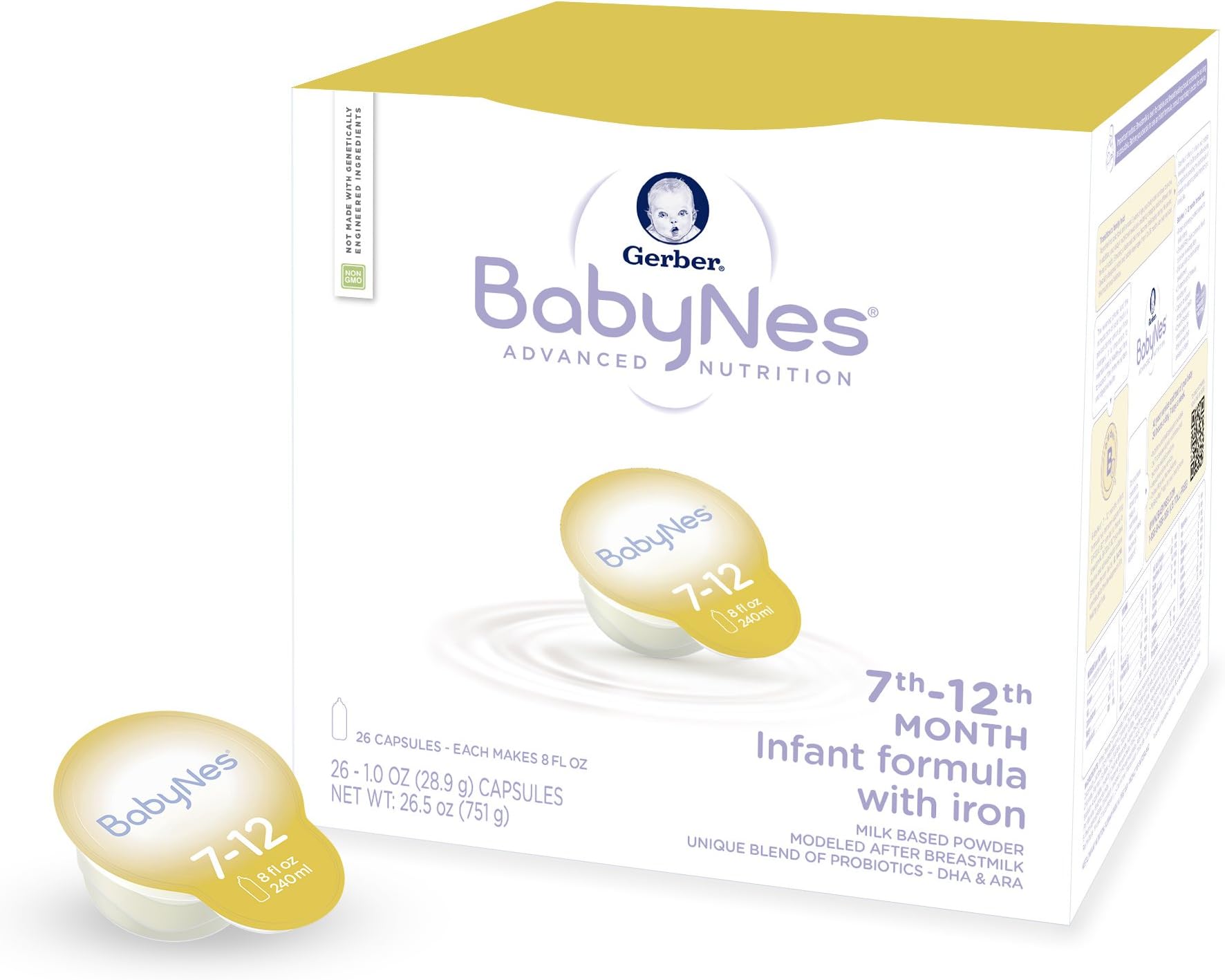 Gerber BabyNes Powder Infant Formula with iron, 7th-12th Month Capsules - box of 26