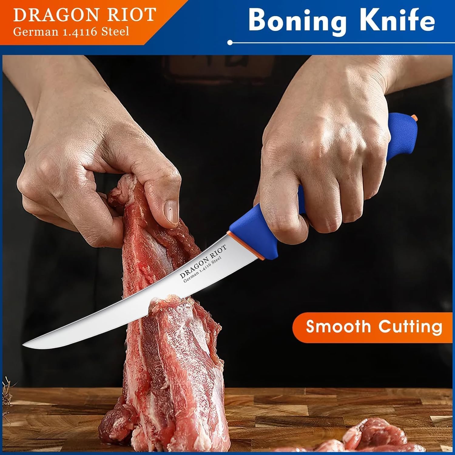DRAGON RIOT Fleischmesser Set extrem Scharf, Kochmesser Set Enthält ein Ausbeinmesser Profi, ein blaue fleischmesser, ein Metzgermesser und einen Wetzstahl, Messerset für Fleisch und BBQ 5