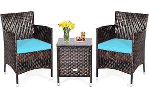 DORTALA Wicker Patio Furniture Set 3 Piece, Outdoor All-Weather Table and Chairs for 2 with Cushions, Rattan Balcony Conversa