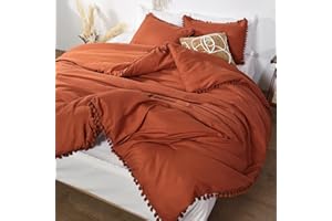 Smoofy Pom Queen Comforter Set Burnt Orange Boho Chic Fringe Cute Ball Pom Bedding Set Cali Soft Warm Vintage Lightweight Solid Comforter 3 Pieces (1 Pom Comforter, 2 Pillowcases)