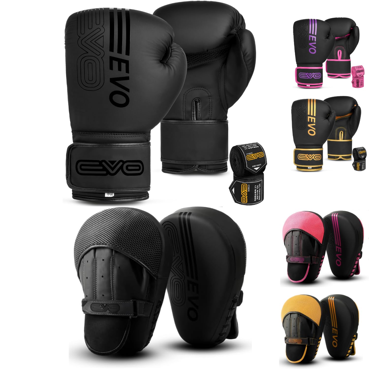 EVO Fitness Matte Black Boxing Gloves and Pads Set Punching Focus Mitts Hook and Jab Hand Target Strike Shield Training Sparring MMA Martial Arts Muay Thai Kickboxing Karate Men Women (12 OZ, Black)
