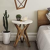 LONYKE Pedestal Farmhouse End Table, Distressed Top with Tripod Base Bedside Table for Living Room, Modern, Boho Decor, Round