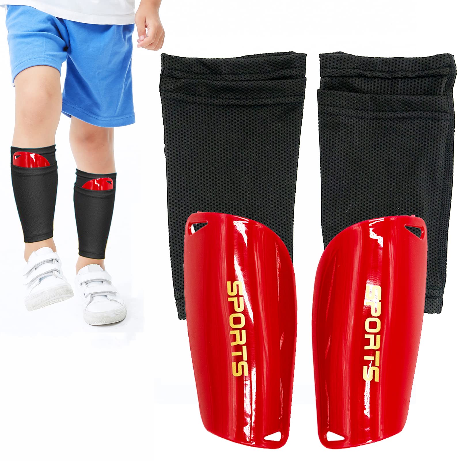SZXMDKH Football Shin Guards, Size M, Black+red, for 6-14 yr Teens, Breathable Calf Sleeves, EVA Cushion Protection