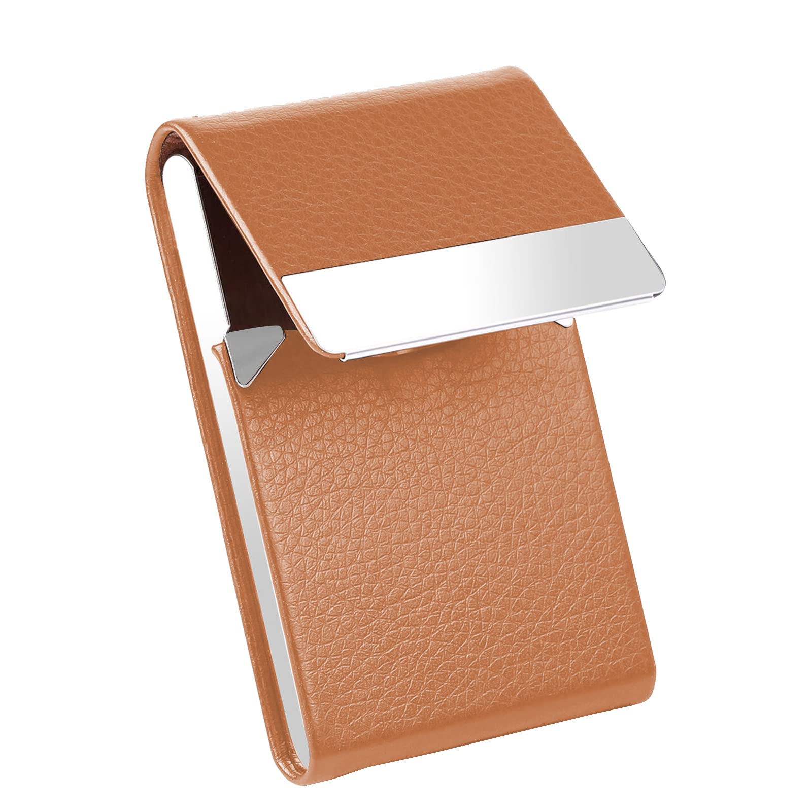 Waylipun Business Card Holders, Professional PU Leather Business Card Case, Slim Metal Pocket Card Holder with Magnetic Shut - Keep Business Cards in Immaculate Condition (Brown)