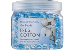 SMELLS BEGONE Odor Eliminator Gel Beads - Air Freshener - Eliminates Odor in Bathrooms, Cars, Boats, RVs & Pet Areas - Made with Essential Oils - Fresh Cotton Scent - 12 Ounce