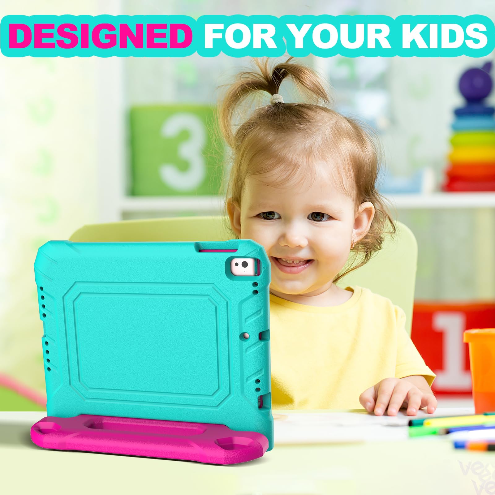 YIHE Kids Case for iPad 9.7 Inch with Screen Protector, Shockproof Handle Convertible Stand Case for iPad 9.7 6th/5th Generation 2018/2017, iPad Air 2/1& iPad Pro 9.7, Cyan&Pink