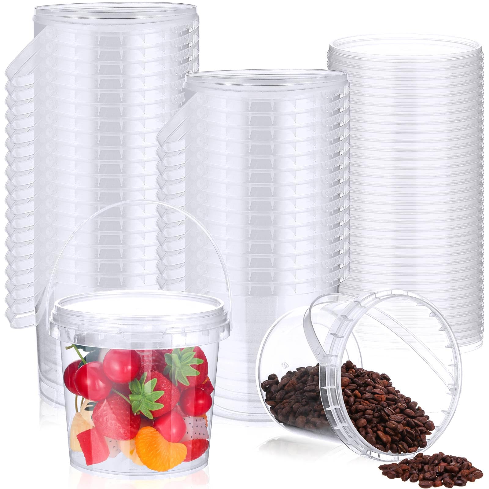 Photo 1 of Mifoci 50 Pcs Food Clear Bucket Plastic Gallon Bucket Round Reusable Ice Cream Containers with Lids and Handles Airtight Clear Plastic Tub Freezer Reusable Pail for Kitchen Drinks Home (24oz)