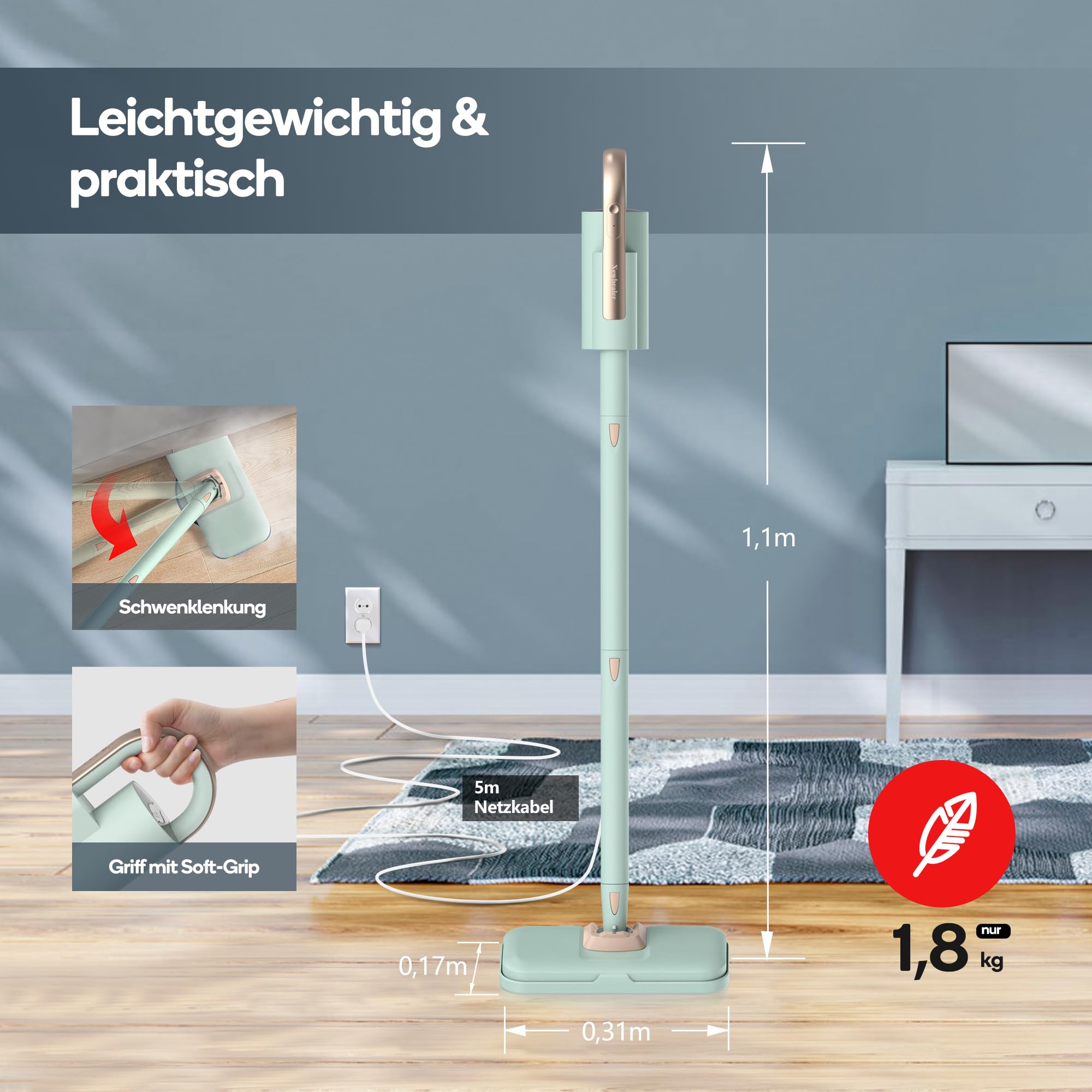 Newbealer 2-in-1 Dampfreiniger, 1200W Handgerät mit abnehmbarem Reiniger, 3 Dampfstufen, 7 Zubehörteile und 2 Mikrofaserpads, Ideal für Alle Böden, Teppiche 4