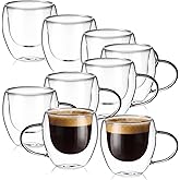 Yiyiring 8 Pack Espresso Cups Double Wall 5oz Hand Blown Glass Coffee Mugs Clear Insulated Glass Coffee Shots Cups with Handle for Espresso Machine, Cappuccino, Latte, Tea