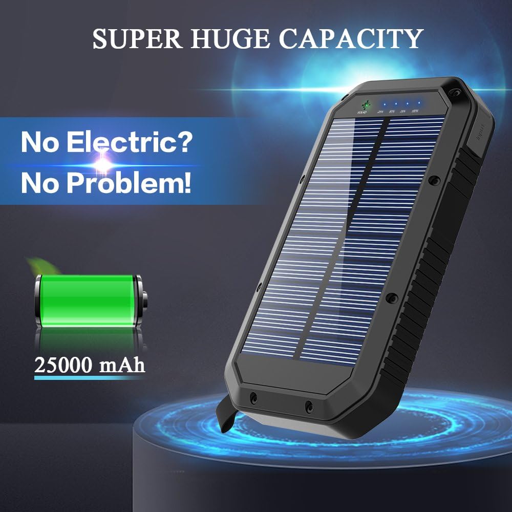 Solar Charger, 25000mAh Battery Solar Power Bank Portable Panel Charger with 36 LEDs and 3 USB Output Ports External Backup Battery for Camping Outdoor for iOS Android: Garden & Outdoor