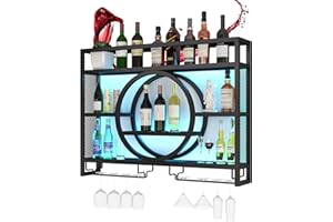 Wine Rack Wall Mounted with Wine Glass Rack Floating Bar Shelves for Liquor Bottles with LED Light Liquor Bottle Display Shel