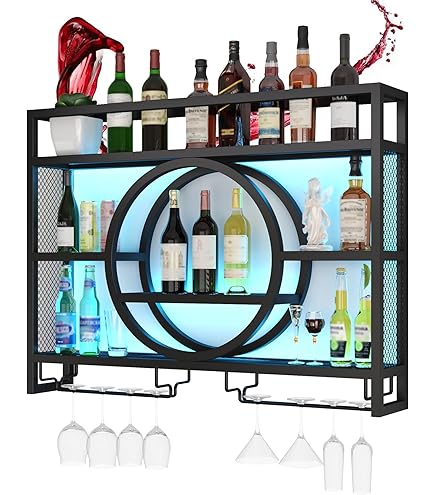 Wall Bar Shelves Industrial Pipe Shelving With 4 Stem Glass Holder, 4-Tiers Rustic Floating Wine Rack Wall Mounted Bar Liquor Shelf, 42 In Hanging Wood Shelves Glass Rack, Living Room Kitchen Decor - View #9