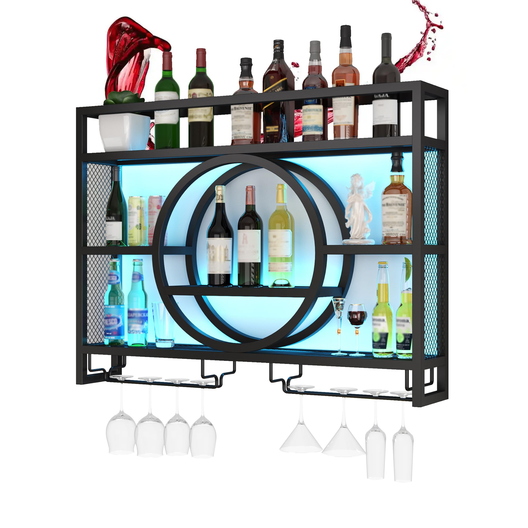 Photo 1 of **MISSING ASSEMBLY PIECES*** Wine Rack Wall Mounted with Wine Glass Rack Floating Bar Shelves for Liquor Bottles with LED Light Liquor Bottle Display Shelf Wall Bar Cabinet Mini Bar for Home Bar Dining Room Kitchen Living Room(Bl