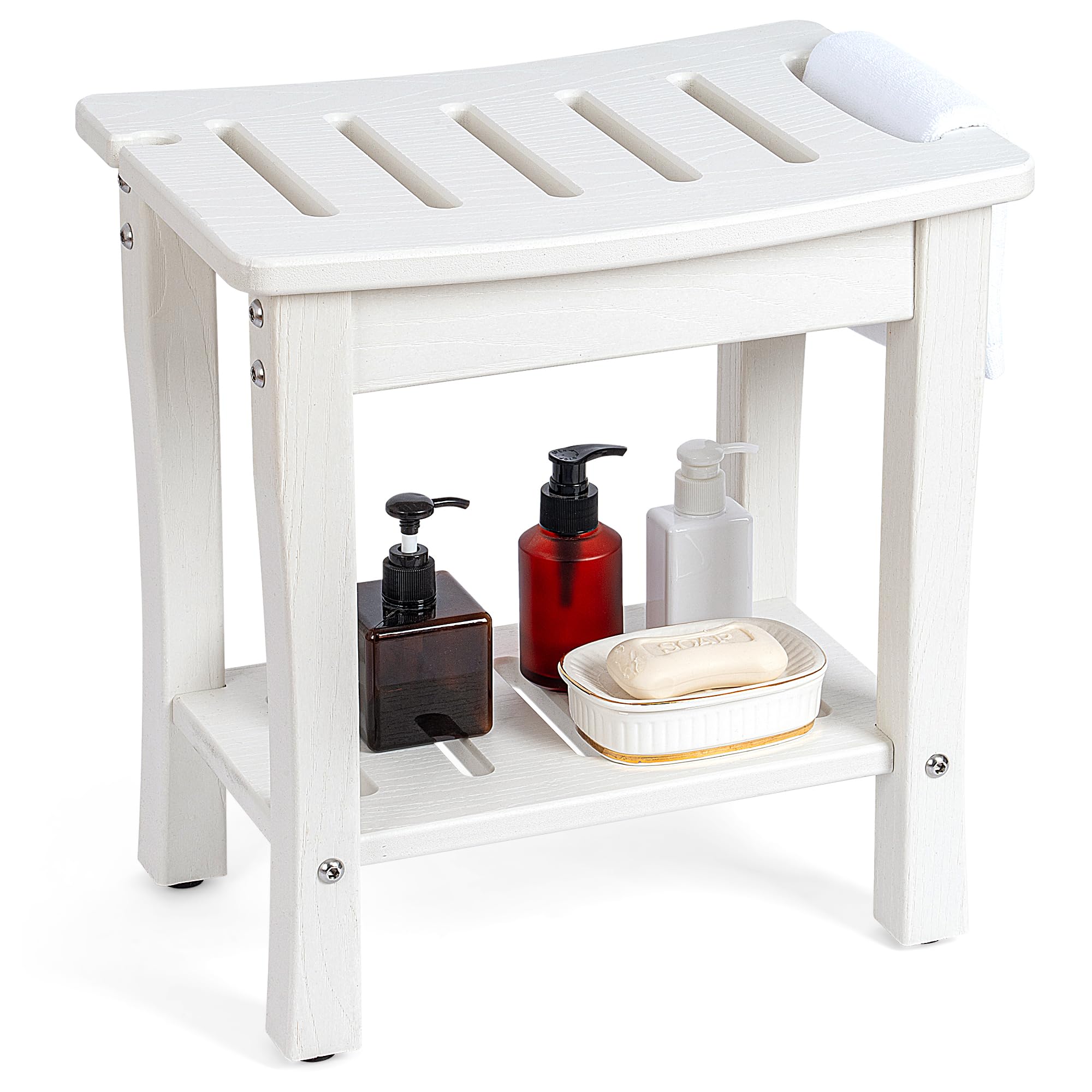 Photo 1 of FLYJOE Shower Bench for Shaving Legs, Waterproof HDPE Chair Seat With Storage Shelf and Handles, Spa Stool for Bath Tub Bathroom Indoor Outdoor Use, White