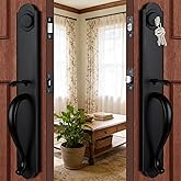 HISAFE Black Front Door Handle Double Door Lock Set with Camelot Trim | Heavy Duty Exterior Entrance Door Handleset with Deadbolt and Knob, Full Plate, X-2018DBSET