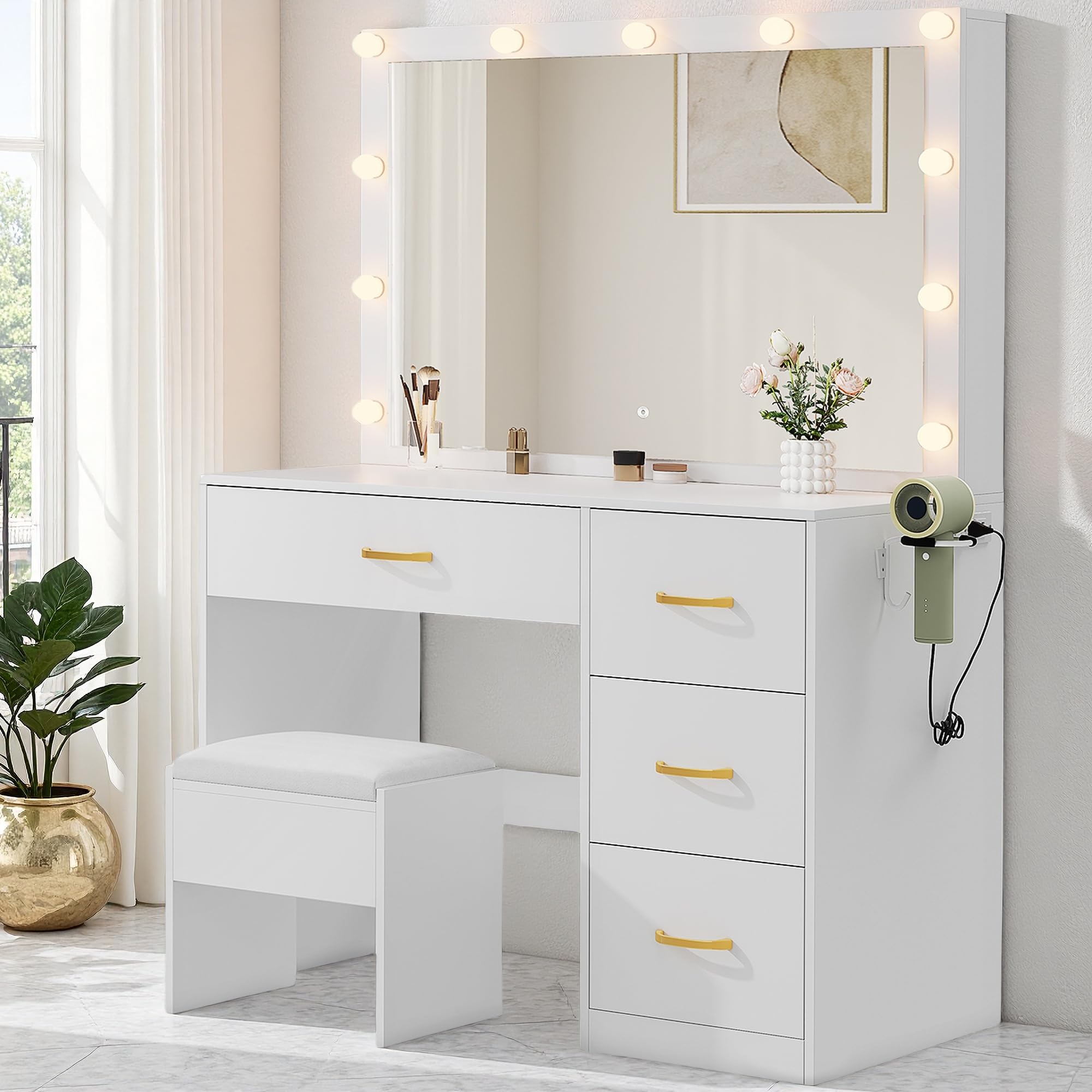 Photo 1 of **SCRATCHES. DIRT**DWVO LED Makeup Vanity Table with 3 Light Modes, 4 Storage Drawers, Built-in Power Outlets & Hairdryer Holder, Dressing Table with Cushioned Stool