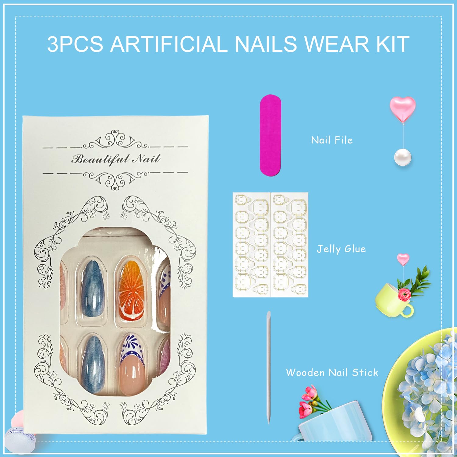 Tyuimhx 3D Oranges Press on Nails Medium Almond Fake Nails Summer Fruit False Nails Full Cover Stick on Nails Acrylic French Tip Artificial Nails for Women Glue on Nails 24Pcs - Image 6