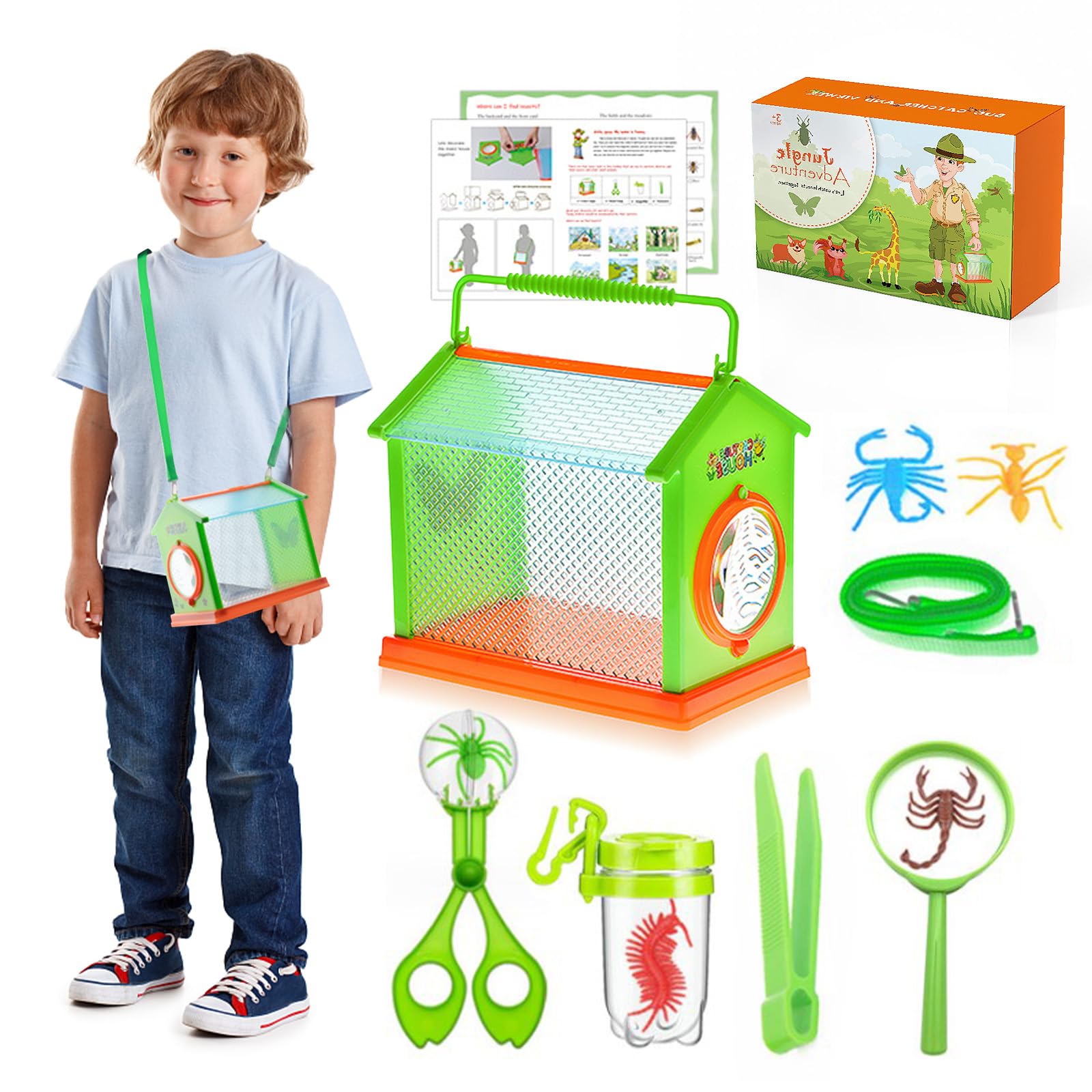 Bug Hunting Kits for Children, 12 Pcs Bug Catcher for Kids Outdoor Explorer Kit, Explorer Toys with Magnifier, Box, Collecting Bottle, Insect Trap, Tweezers for Boys Girls Aged 3 4 5 6 7 8 Year Old
