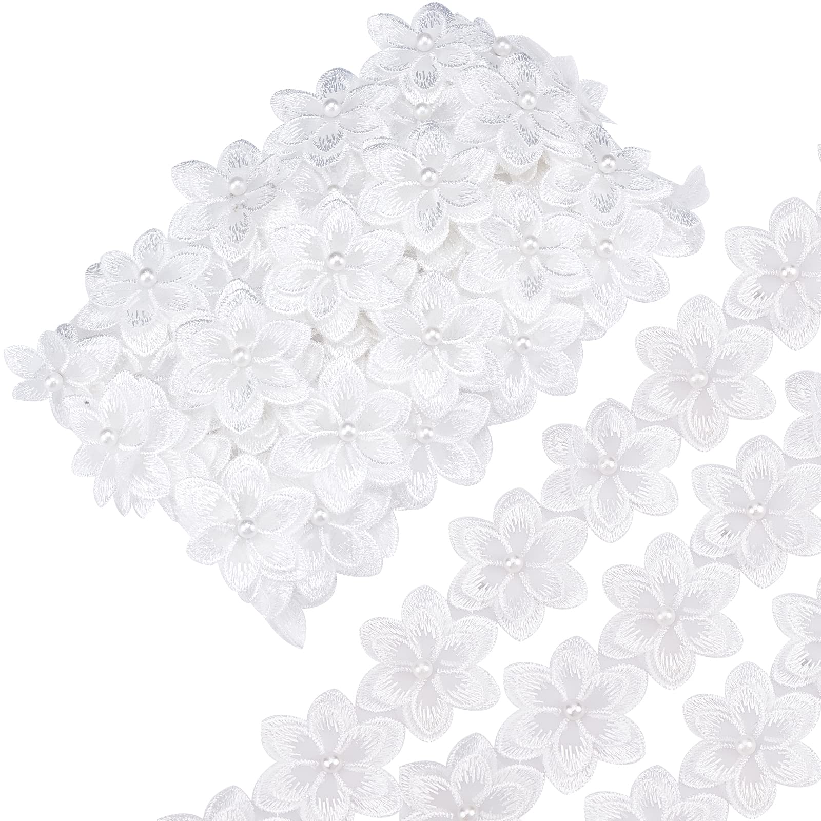 GORGECRAFT 5 Yard 3D Organza Flower Lace Edge Trim Ribbon Pearl Beads Edging Trimmings Embroidered Applique Fabric Vintage Sewing Craft for Wedding Dress Embellishment DIY Dress Decor(White)