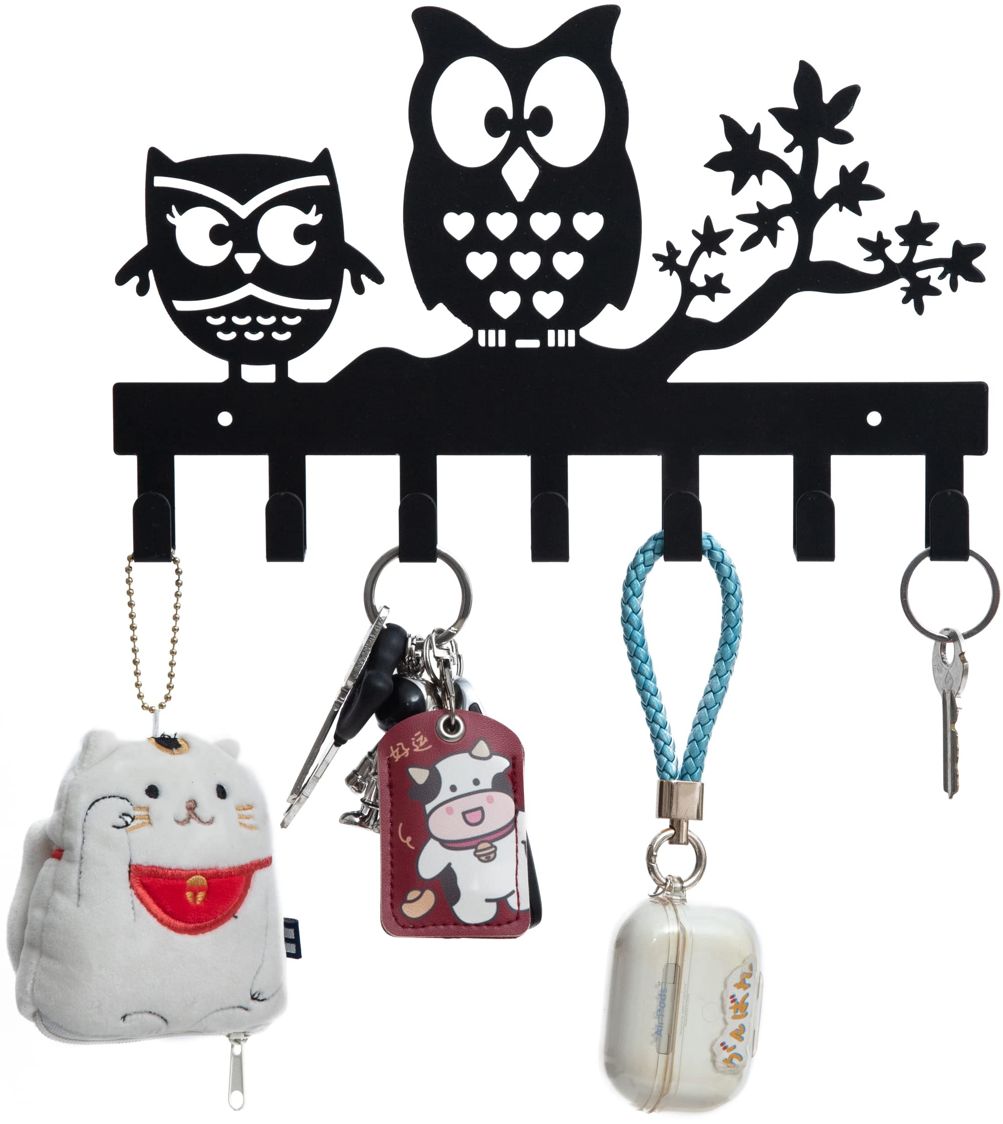FairyCity Keys Holder for Wall Metal Vintage Owl Keys Hook-27cm*17cm Home Decor Key Hanger Decorative with 7 Hooks Black