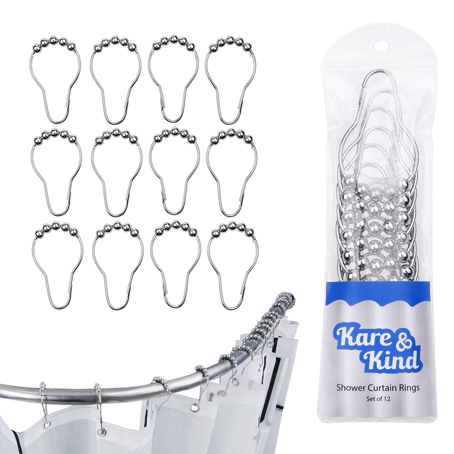 Shower Curtain Rings - Set of 12 - Friction Free Gliding Rollers - Rust Proof Stainless Steel - Original Heavy Duty Sliding Hangers Polished Chrome - Easy to Install Locking Clips