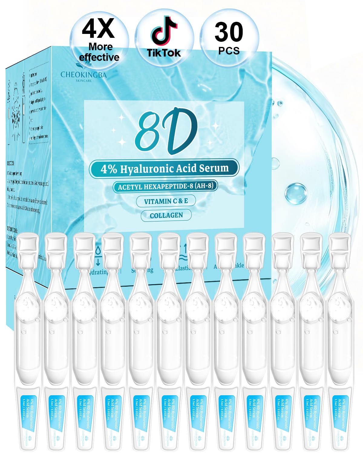 Photo 1 of 4% Hyaluronic Acid Serum for Face, 8D Hyaluronic Acid Ultra Hydrating Anti-Aging Serum with 20,000ppm Acetyl Hexapeptide-8, Korean Skincare Single-Use Ampoule for Dry & Sensitive Skin, 30pcs