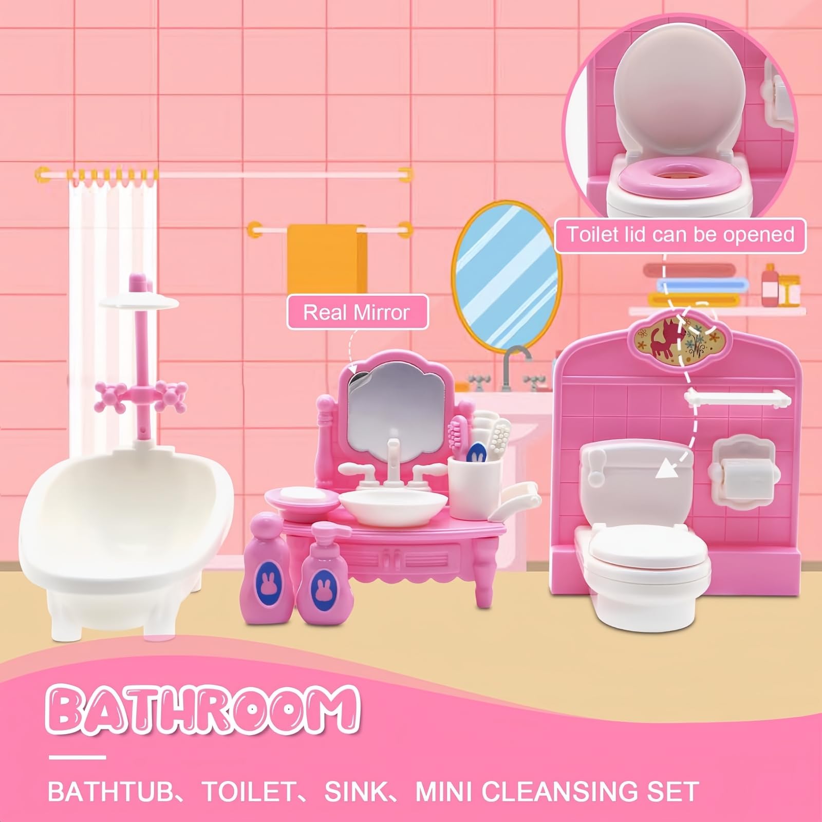 36Pcs Dollhouse Furniture Sets,Miniature 1:12 Scale Doll House Accessories and Furniture with Cat,Dog,Kitchen, Dining Room, Living Room,Bedroom for Playhouse Toy(Pink)