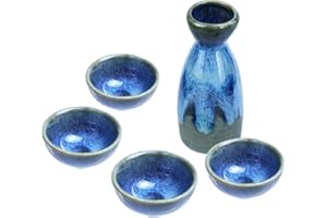 Sizikato 5 Pcs Stoneware Porcelain Sake Set Include 1PCS Sake Bottle and 4PCS Sake Cups