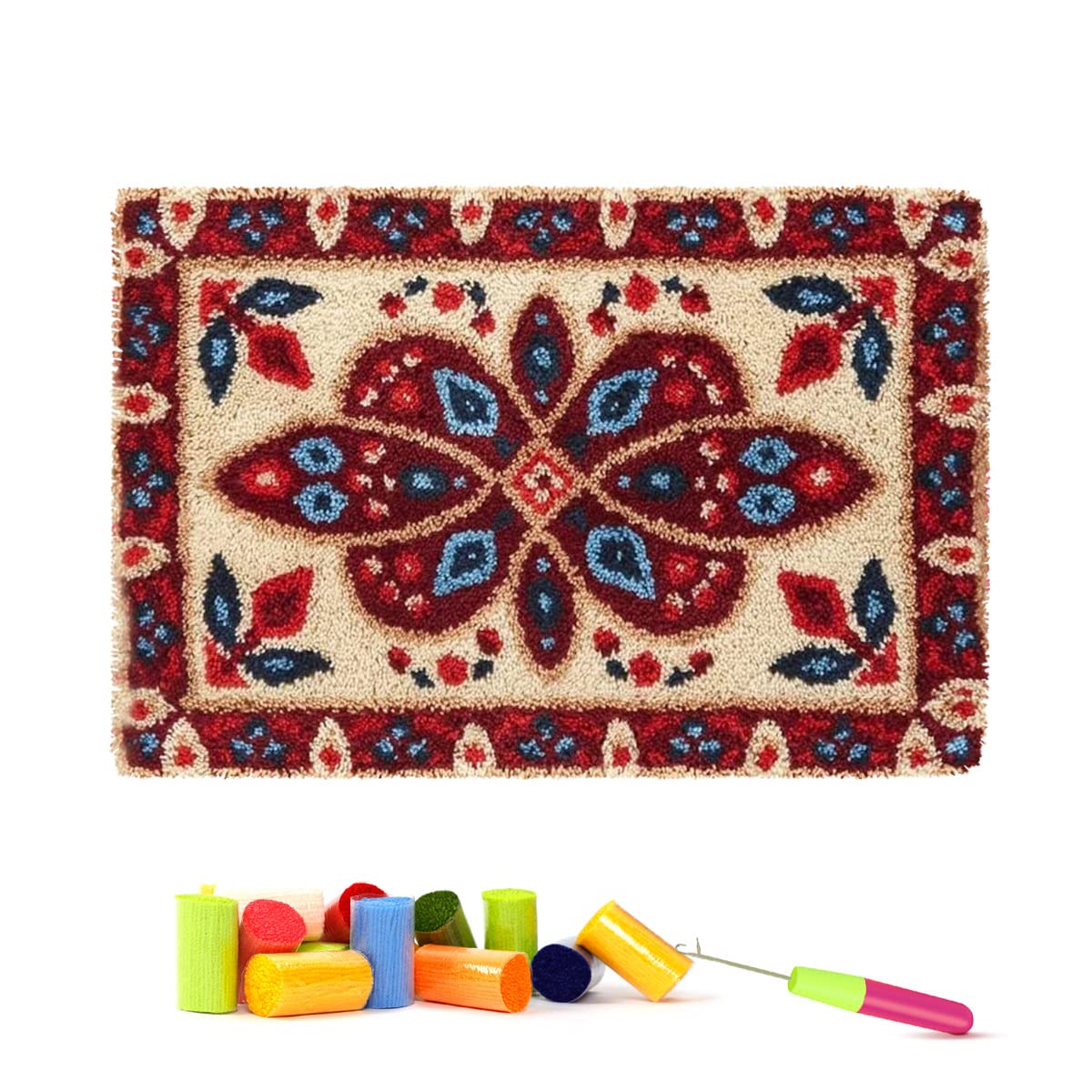 Latch Hook Rug Kit, DIY Rug Making Kit for Adults Kids, Flower pattern Latch Hook Rug Making Kits, Cross Stitch Kit Carpet Making Cushion Needlework for Beginners, Home Decor, Flower pattern 50x38 cm