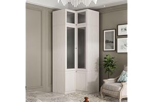 TAMUNE L-Shape Wardrobe Armoire Closet with Hanging Rod & Shelf, Bedroom Armoire with Frosted Glass Doors, Top Cabinets & Gold Knobs, Wood Grain, 35.4”D x 35.4”W x 86.6”H