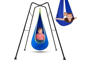 Lingvee Swing Stand Frame with Sensory Pod Chair and Swings Set Kid Heavy-Duty Metal Swing Frame Hammock Chair Stand Tree Saucer Sensory Round for Kids Adult Indoor Outdoor Backyard Park(Blue)