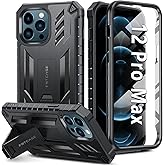 FNTCASE for iPhone 12-Pro-Max Phone Case: Military Grade Drop Proof Protection Mobile Cover with Kickstand | Matte Textured Rugged Shockproof TPU | Protective Sturdy Cases - Black