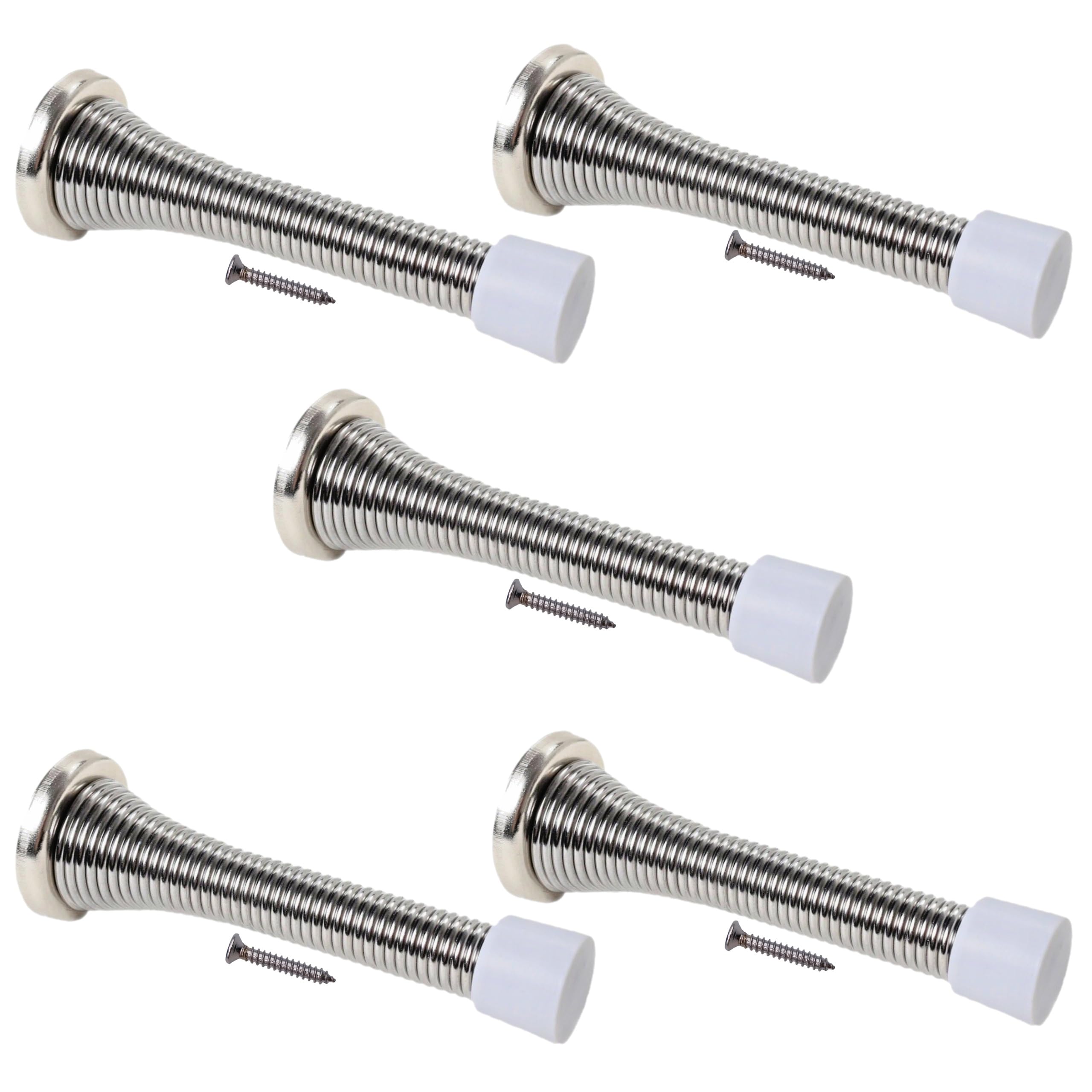 Spring Door Stop Stopper Spring-Aside Doorstop Wall, Skirting or Door Fixings & Screws Pack of 5 Nickel Plated