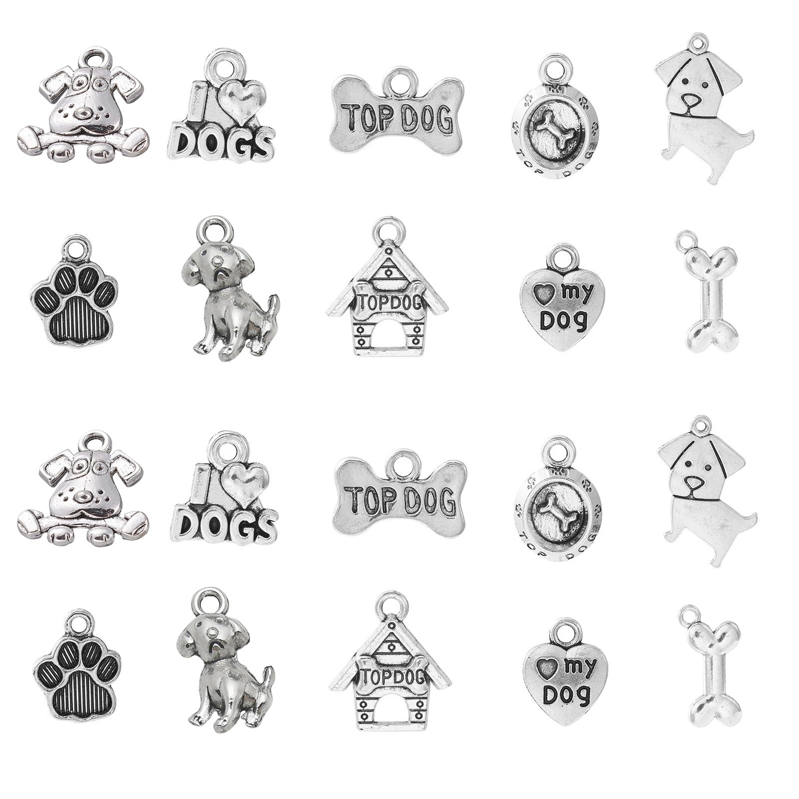 Stiesy 50Pcs 10 Styles Tibetan Silver Dog Theme Charms Pet Dog Husky Charms Dog Paw Dog Bone Doghouse Shape Dangle Charms for Jewellery Making