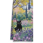 Fuasei Garden Black Cat Kitchen Towels, Cat Lover Mom Lady Gifts Hand Towels for Bathroom, Floral Kitten Dish Tea Towel for Kitchen, 16x24 Inch