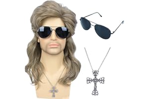 AMZCOS 80s Light Blonde Mullet Wigs for Men with Sunglasses and Cross Necklace Retro 80s Fashion Heavy Metal Rock-Rocker Hairstyle Wigs Perfect for Themed Party Role-Playing Halloween, Cosplay, and Costume