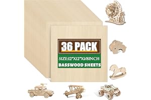 ESRICH 36 Pack 12x12 Basswood Sheets 1/8 Inch, Unfinished Wood for Crafts, Basswood for Laser Cutting & Engraving, Wood Burining, Basswood Plywood Sheets for Architectural Models.