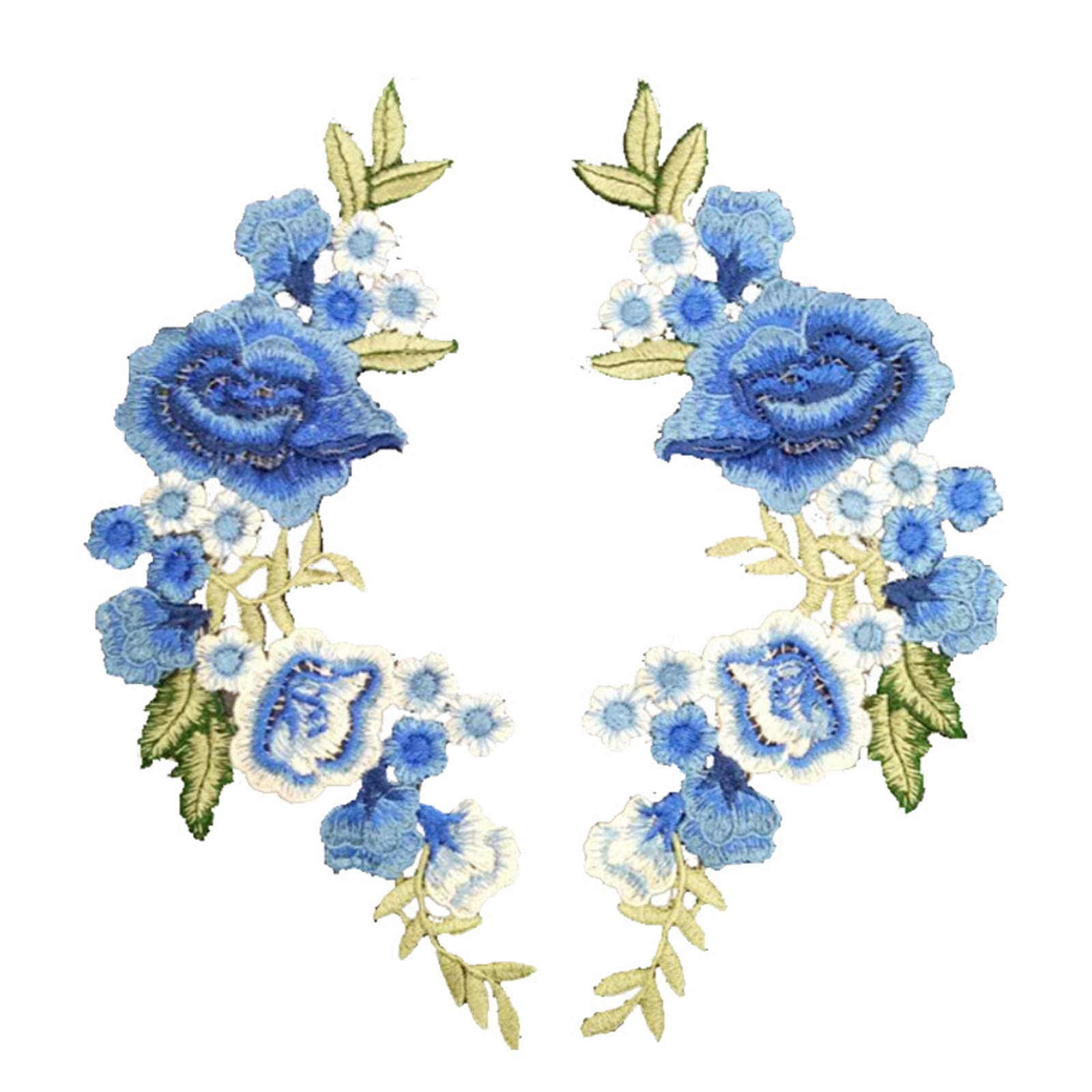 1 Pair Symmetrical Water Soluble Colored Flower Embroidered Patches for Clothing Applique Sewing On Patch DIY Handmade Patchwork Accessories (Blue)