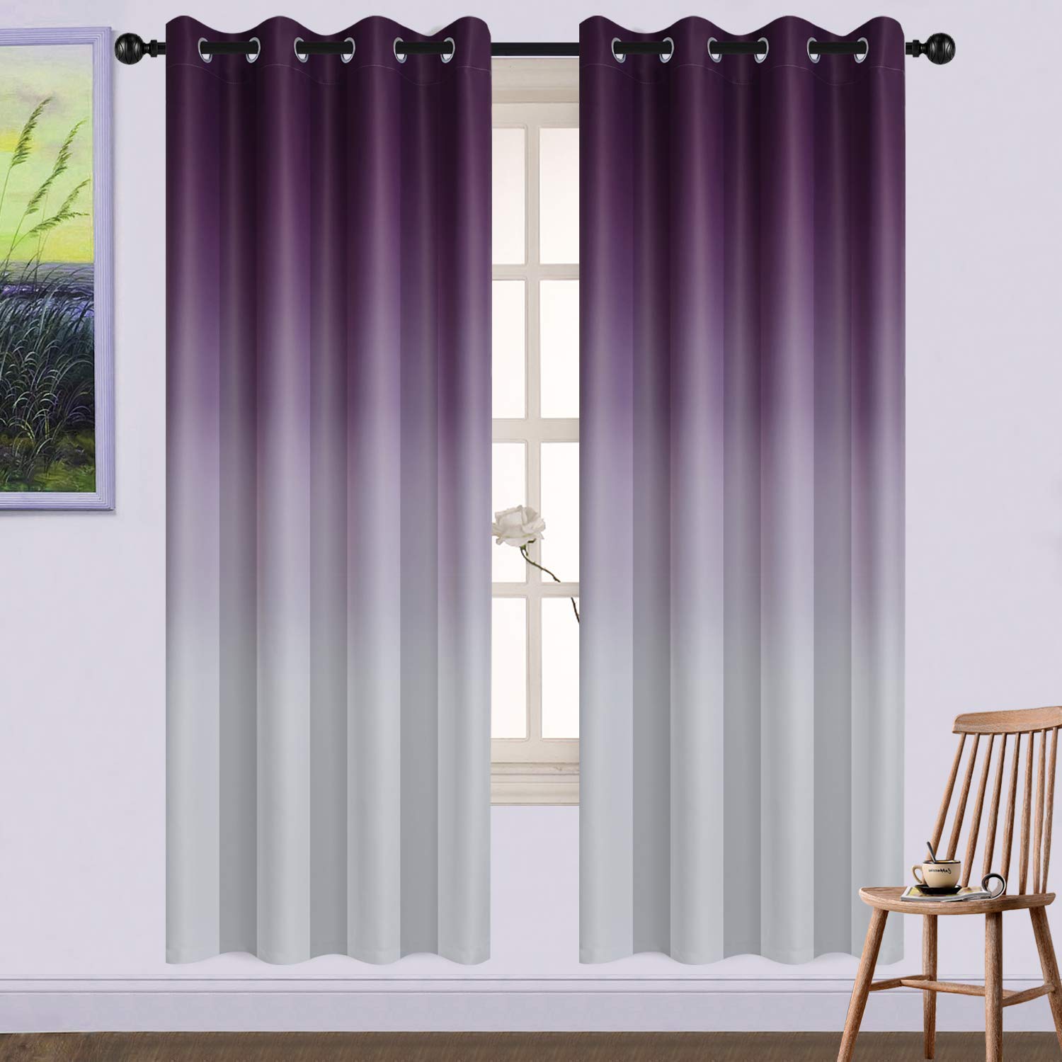 Yakamok Room Darkening Gradient Color Ombre Curtains Thickening Polyester Thermal Insulated Grommet Window Drapes for Living Room/Bedroom (Purple and Greyish White, 2 Panels, 52x72 Inch)