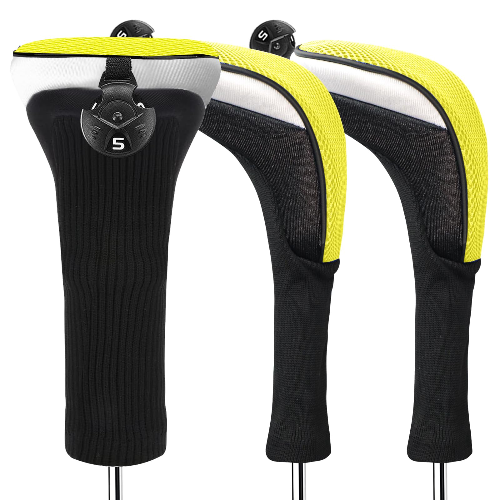 FINGER TEN Golf Club Head Covers Woods Hybrids Long Cover, Headcovers with Interchangeable No. Tags Fit All Hybrids Wood Clubs Light Durable (Yellow-3 Pack Hybrid Covers)