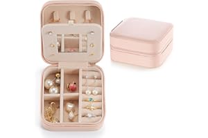 PEWMOG Small Travel Jewelry Case, To Go Portable Jewelry Box, Travel Jewelry Organizer,Portable Jewellery Storage Holder for Rings Earrings Necklace, Gifts for Girls Women with Mirror -Pink