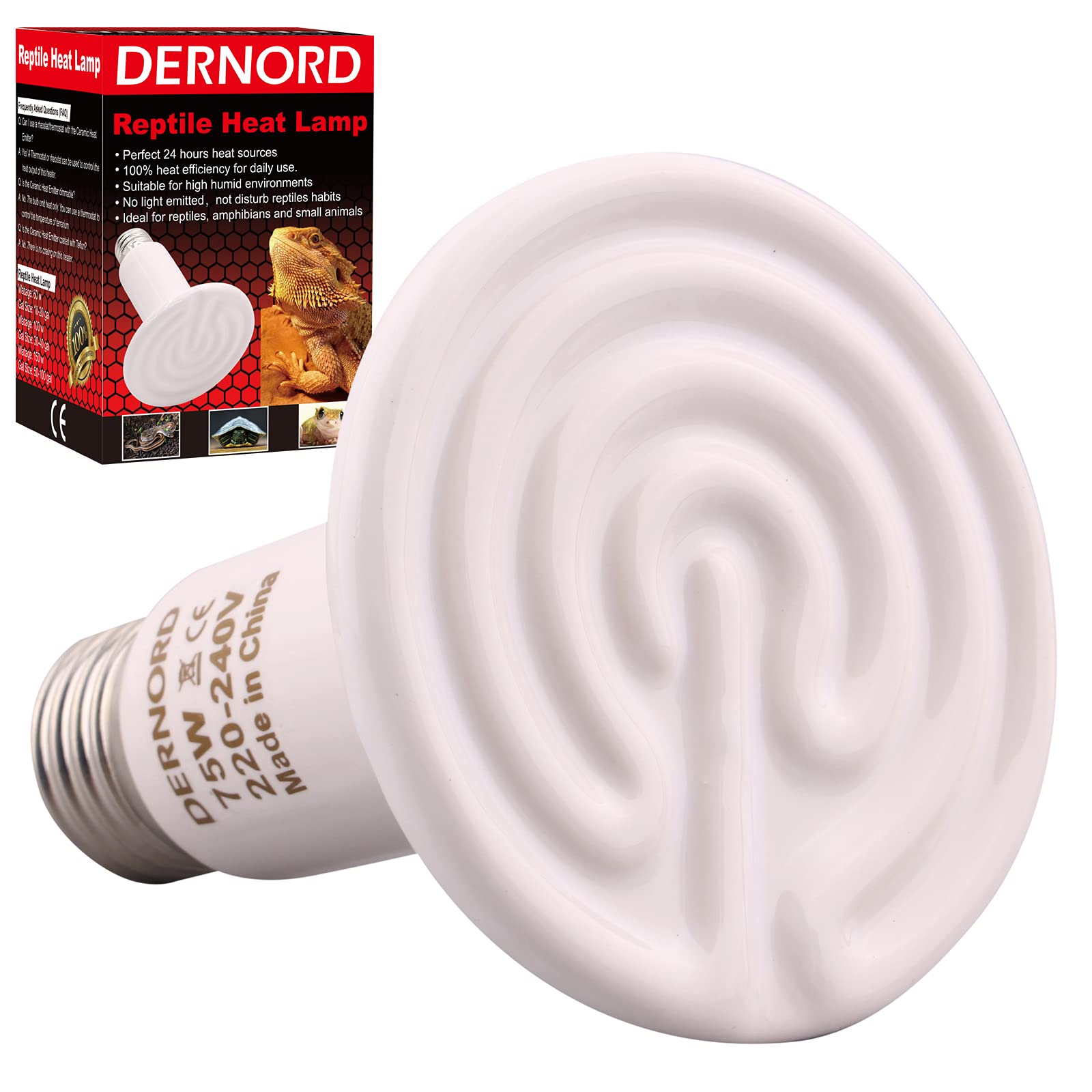 DERNORD Ceramic Heat Emitter 75W - E27 Vivarium Ceramic Heat Lamp Light Bulb for Reptile Bearded Dragon Lizard Snake Outside Tortoise Brooder White