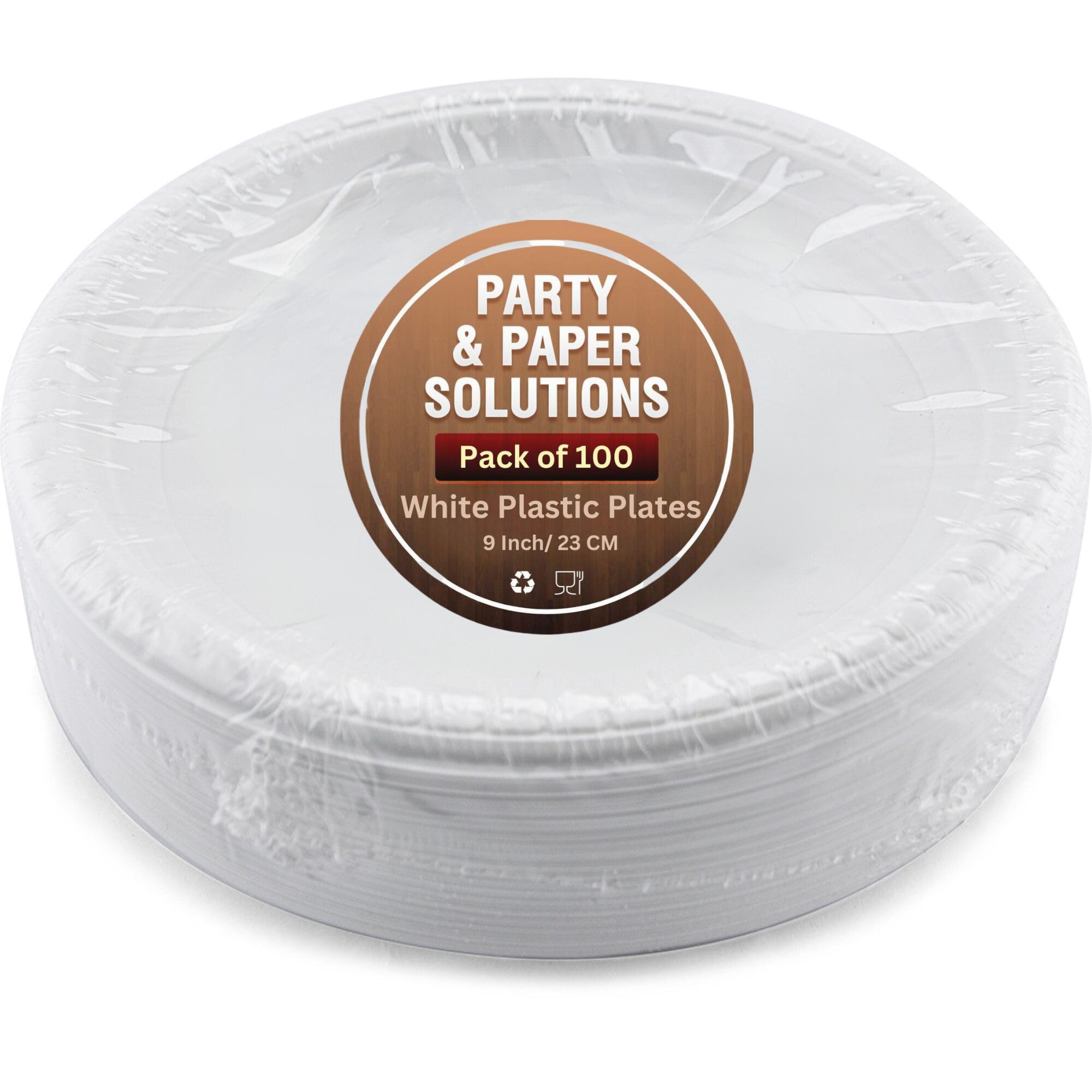 100 WHITE PLASTIC PLATES - 9 inch/23cm quality durable plates ideal for hot and cold food
