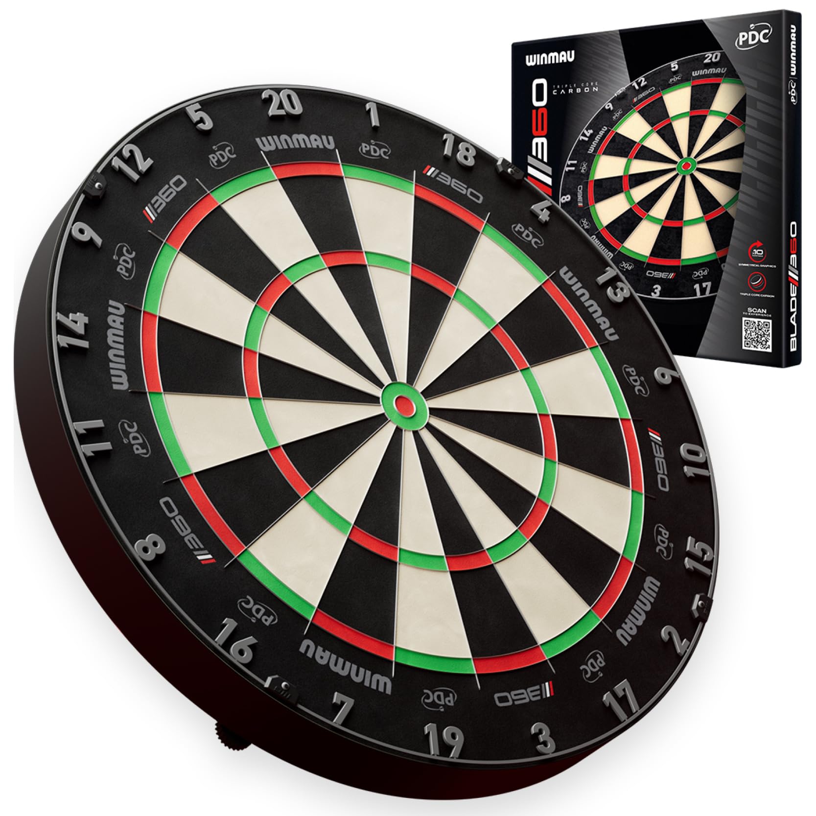 WINMAU Blade 360 Triple Core Carbon Dartscheiben Set – Professionelle Winmau Dartscheibe Steeldart aus Sisal mit Zwei 19 g Darts, schwarzen und roten Flights, Checkout Karte und Zubehör 2