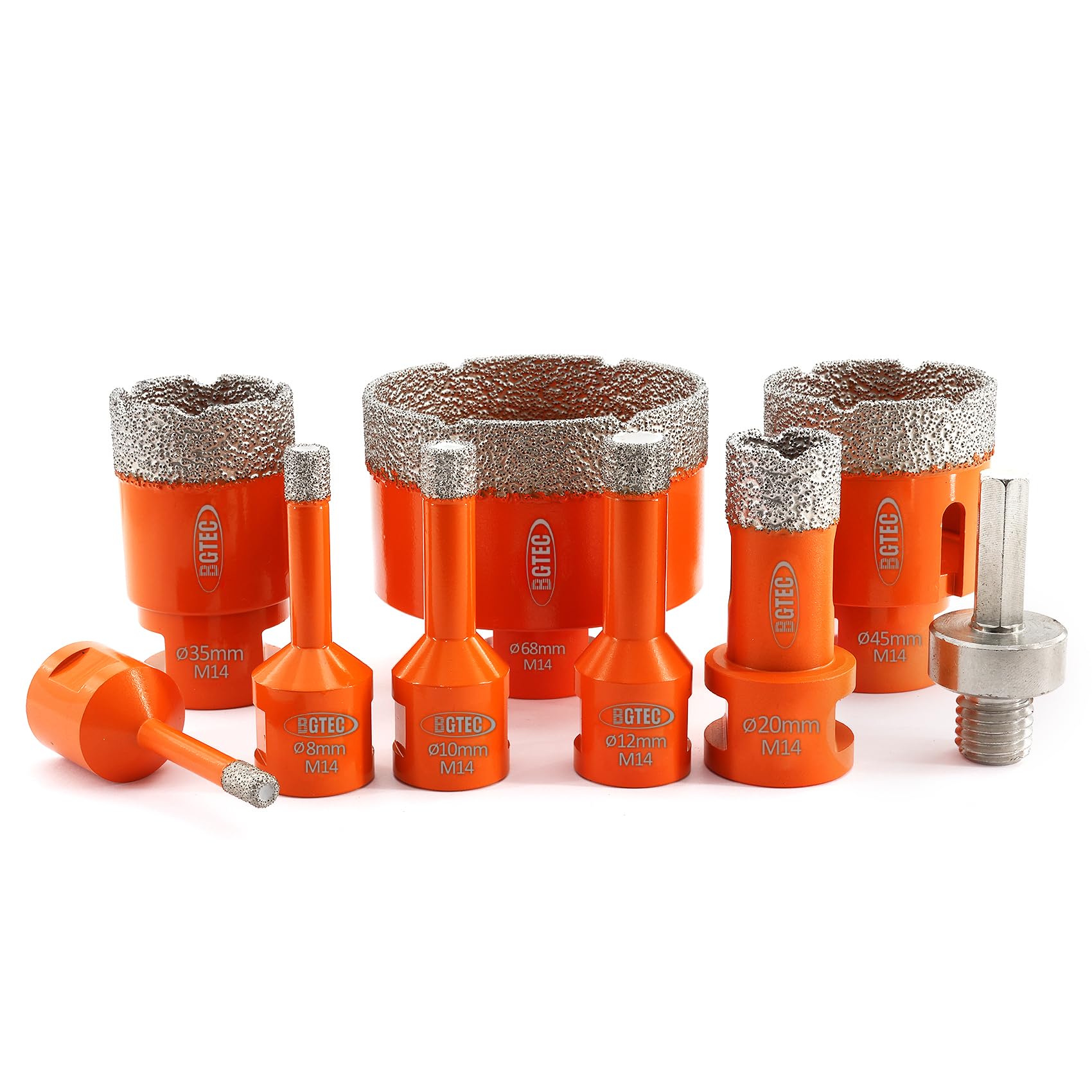 BGTEC 9pcs Dry Diamond Core Drill Bits Set for Porcelain Tile Ceramic Marble Brick with M14 Thread Diameter Mixed 6/8/10/12/20/35/45/68mm with 1pc M14 Hex Backer — image 1