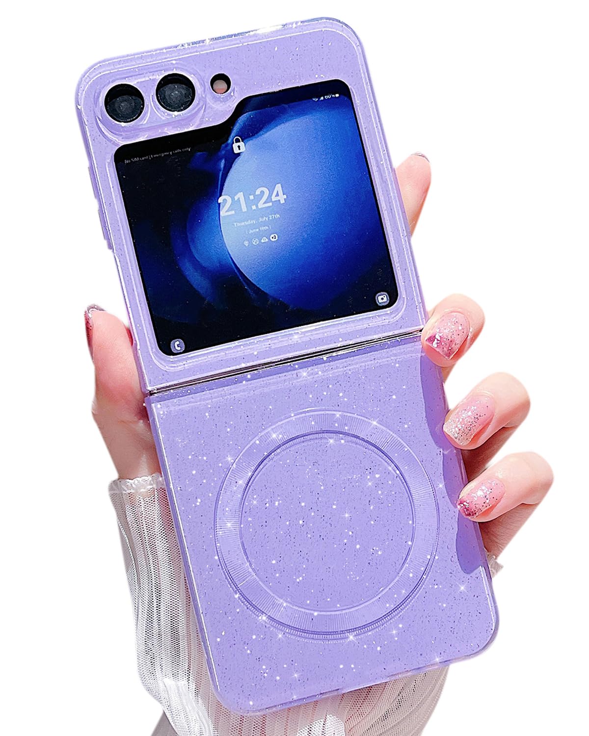 Photo 1 of MINSCOSE for Samsung Galaxy Z Flip 5 Magnetic Neon Phone Case[Compatible with Magsafe],Cute Bling Glitter Thin Slim Shockproof Sparkly Cover for Women Girl for Samsung Flip 5 5G-Purple
